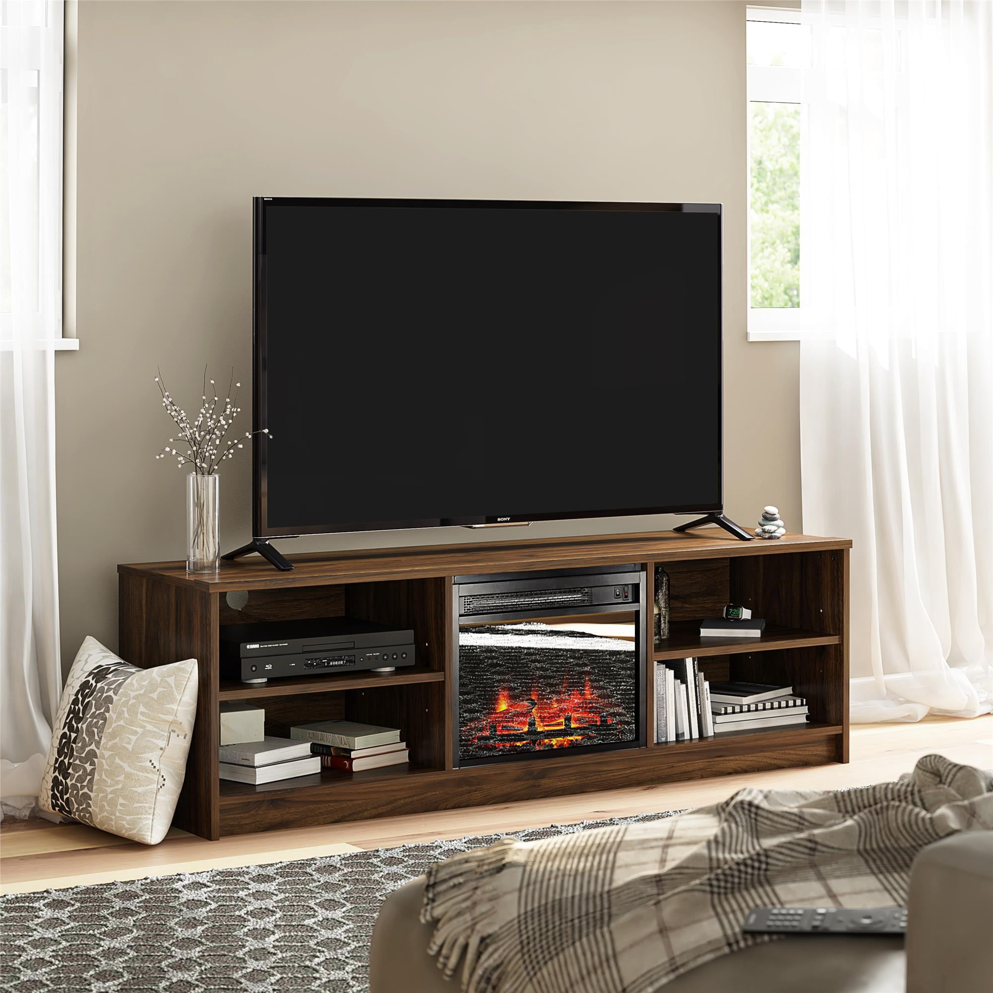 Ameriwood Home Namar 65 TV Stand with Electric Fireplace Insert and 4  Shelves, Walnut - Walmart.com