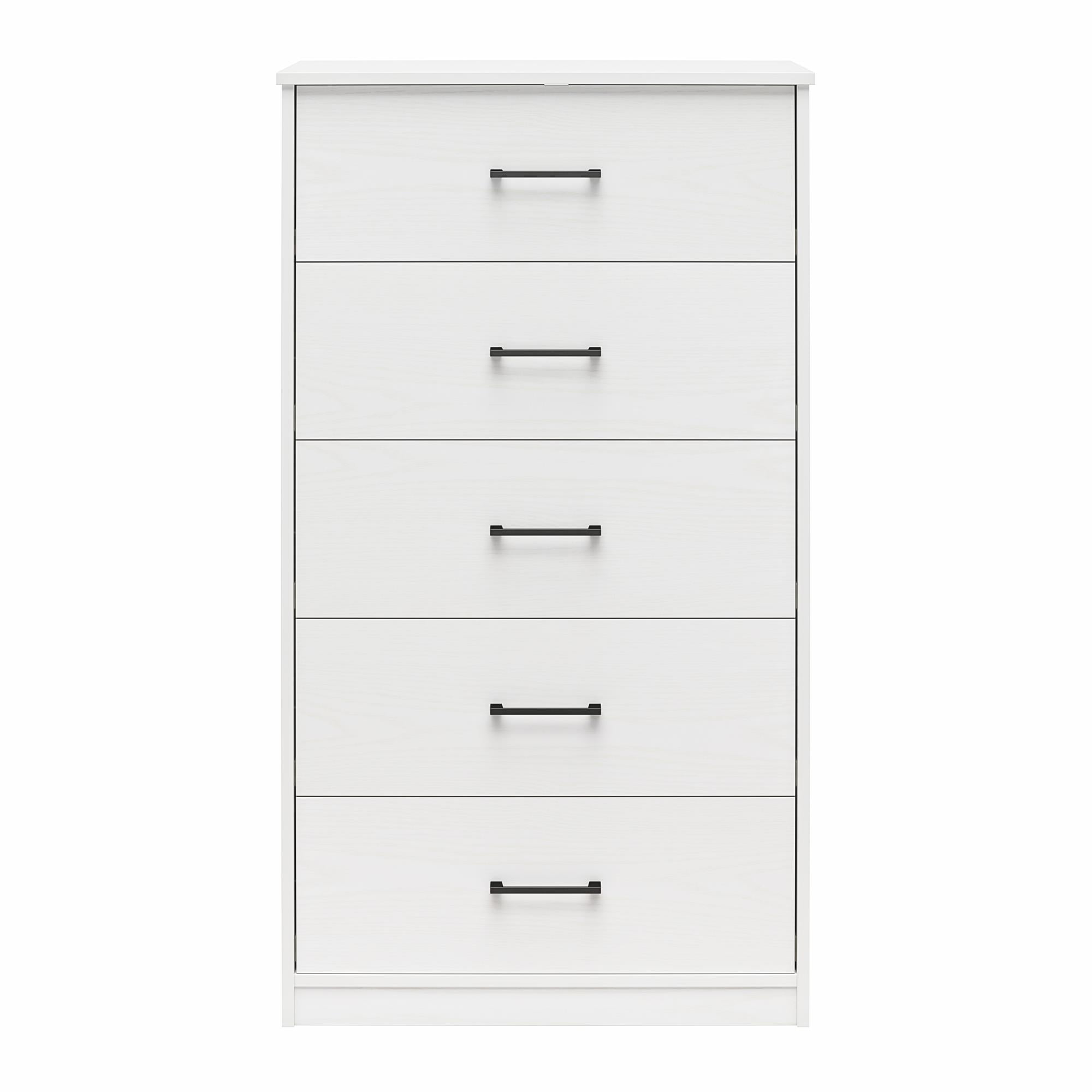 White Tall 5 Drawer Dresser with Metal Handles