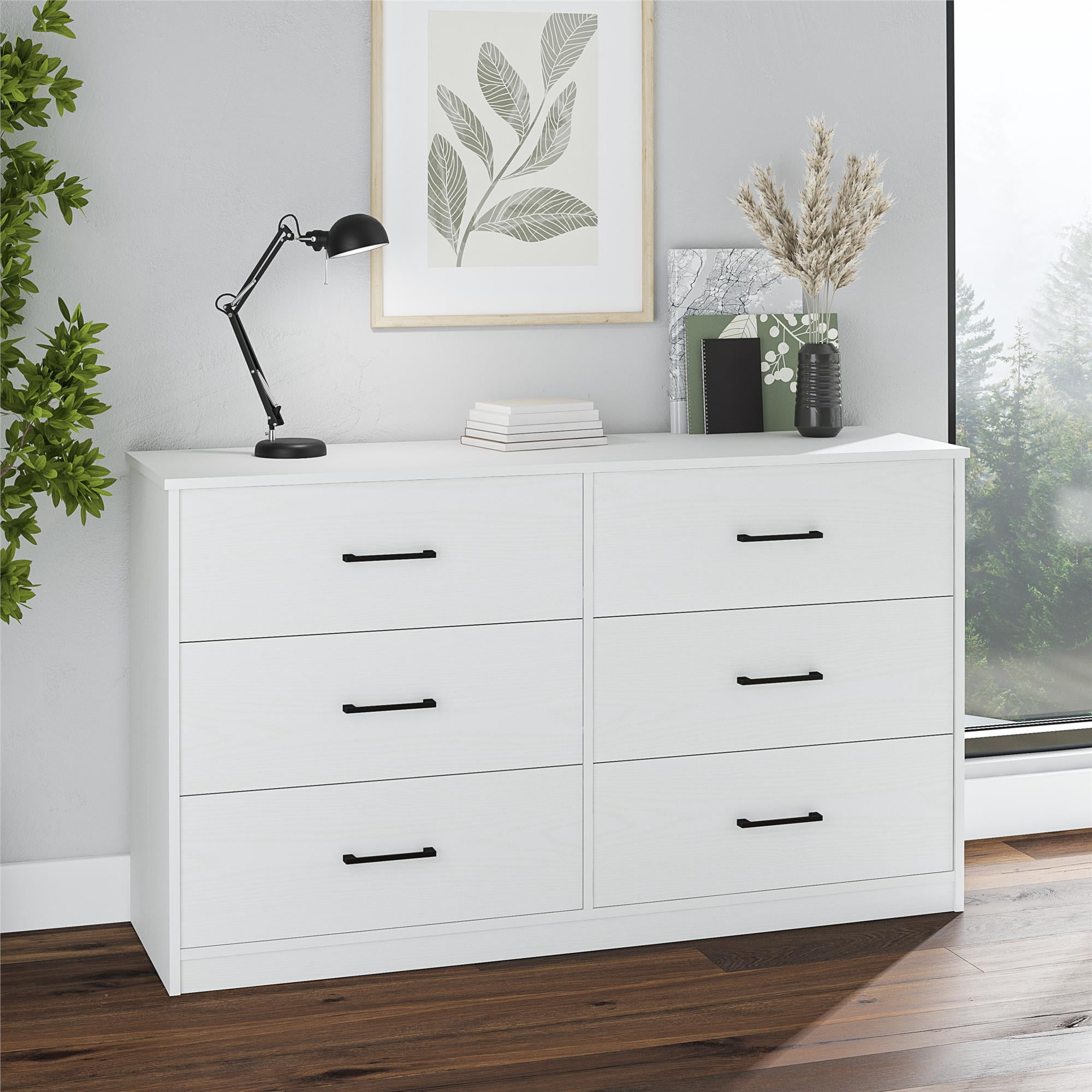 White Wide 6 Drawer Dresser with Metal Slides