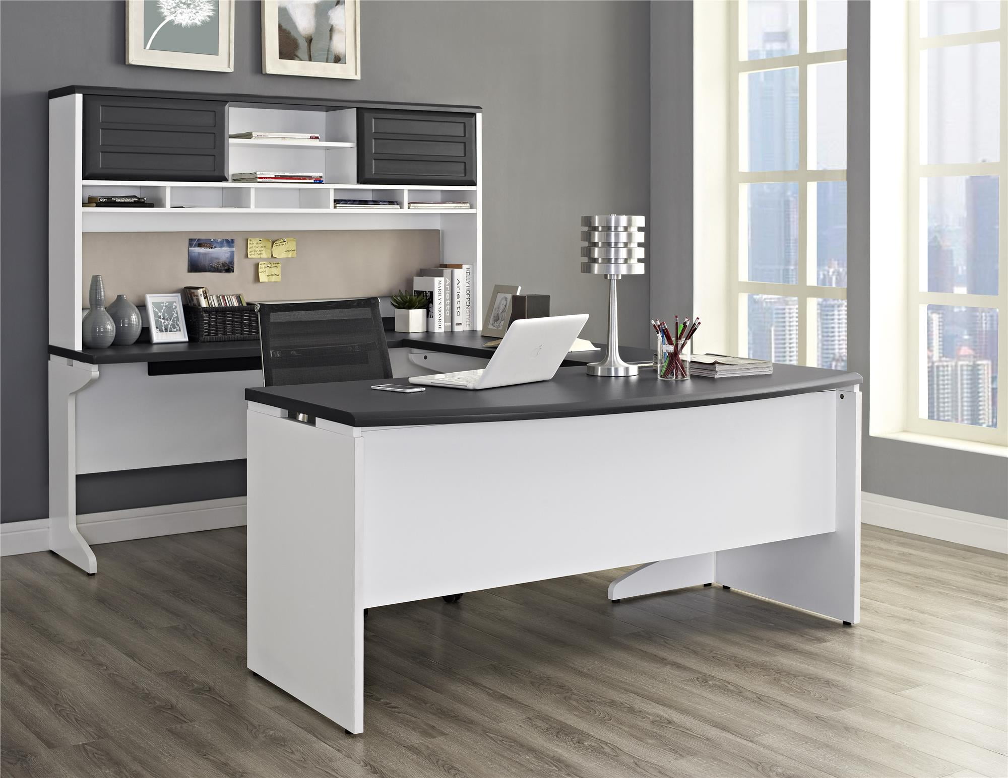 White u shaped 2024 desk with hutch