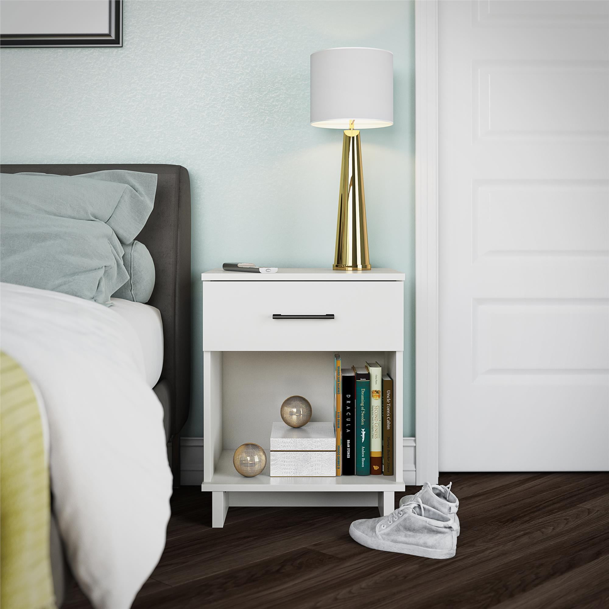 White Laminated 1 Drawer Nightstand with Open Cubby