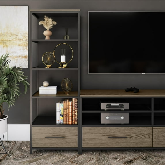 Ameriwood Home Structure Audio Pier, Sterling Oak Wood Veneer with Black Metal and Black Glass