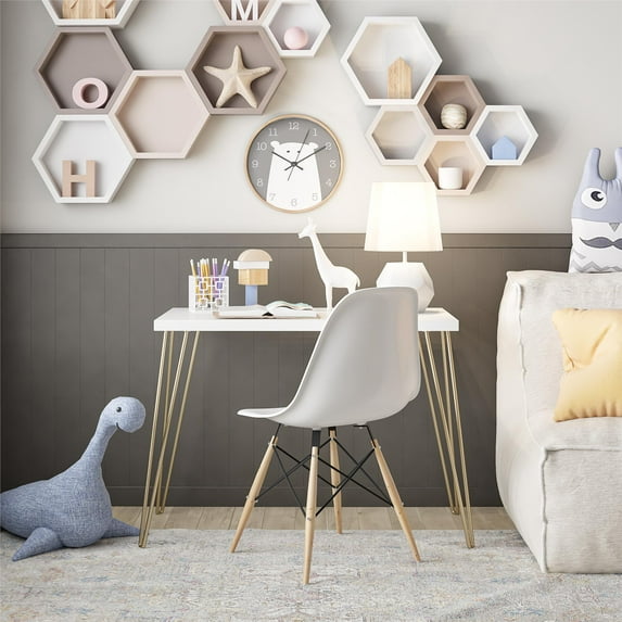 Owen Retro Computer Desk, White/Gold Legs