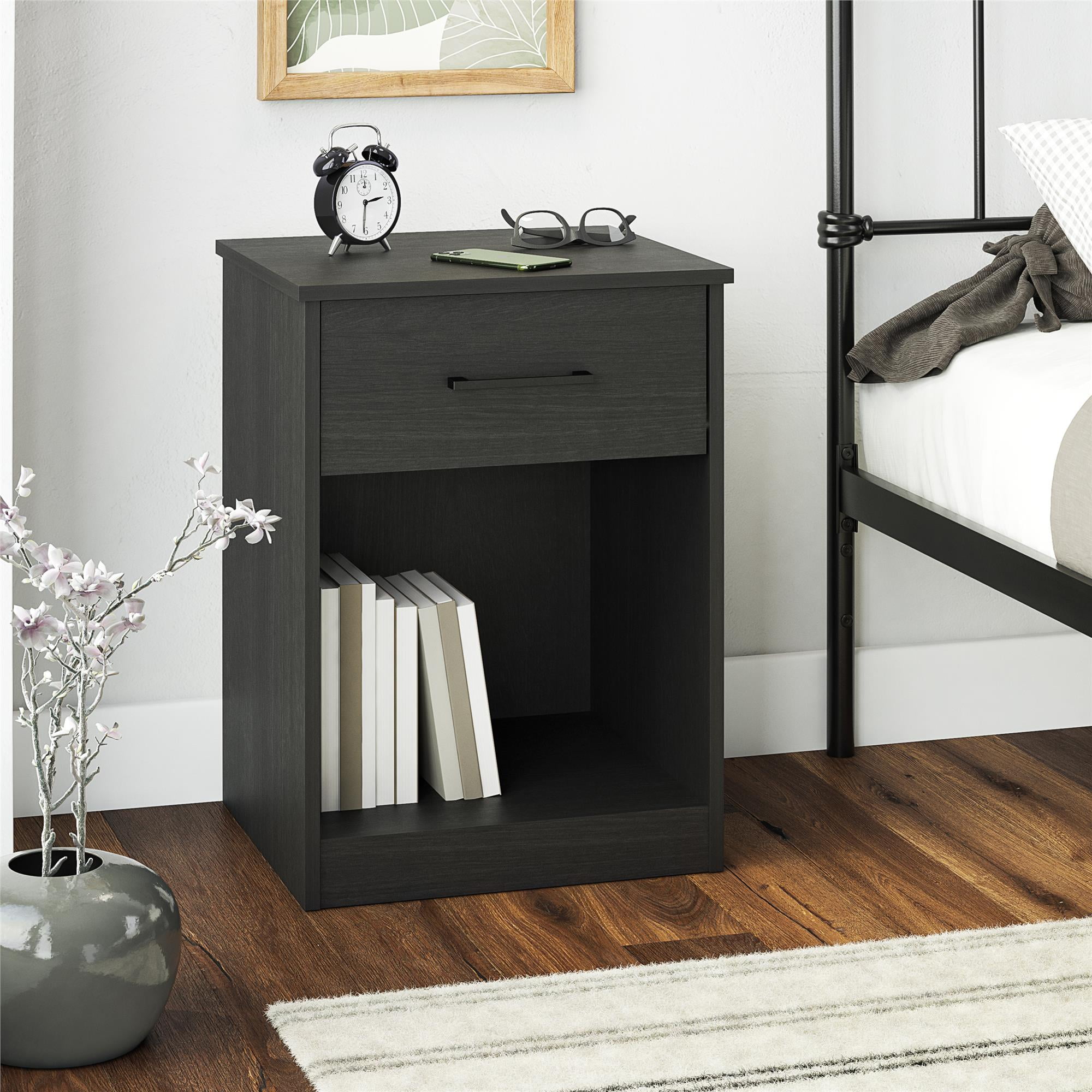 Black Oak 1-Drawer Nightstand with Open Shelf
