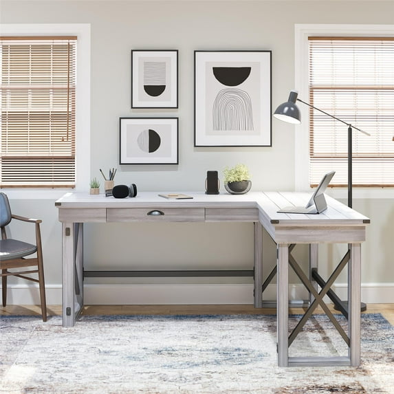 Ameriwood Home Wildwood L Desk with Lift Top, Rustic White