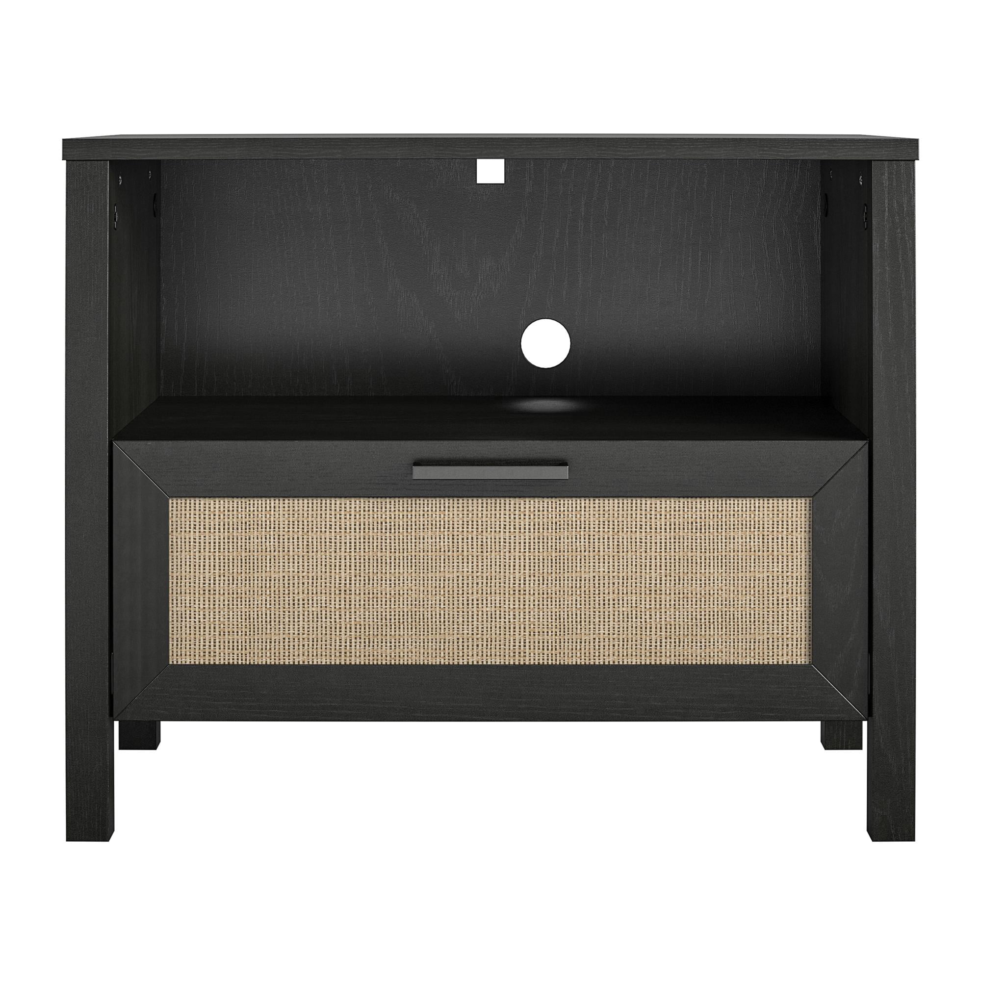 Black Oak and Faux Rattan 1-Drawer Nightstand with Steel Handle