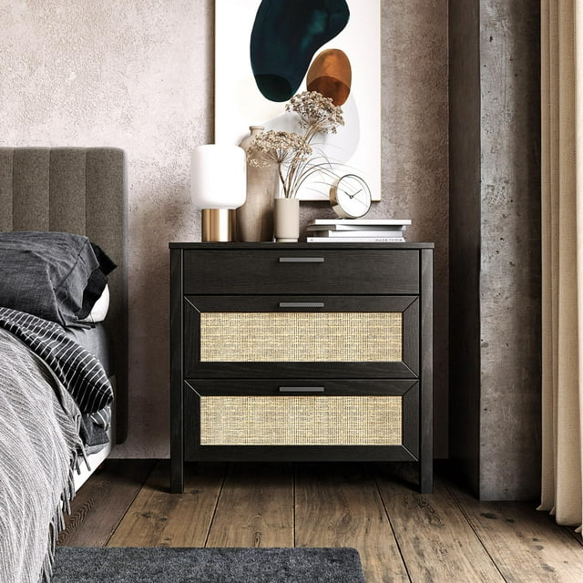 Ameriwood Home Wimberly 3-Drawer Dresser, Black Oak with Faux Rattan