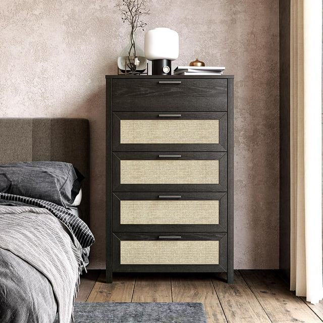 Ameriwood Home Wimberly 5-Drawer Dresser, Black Oak with Faux Rattan