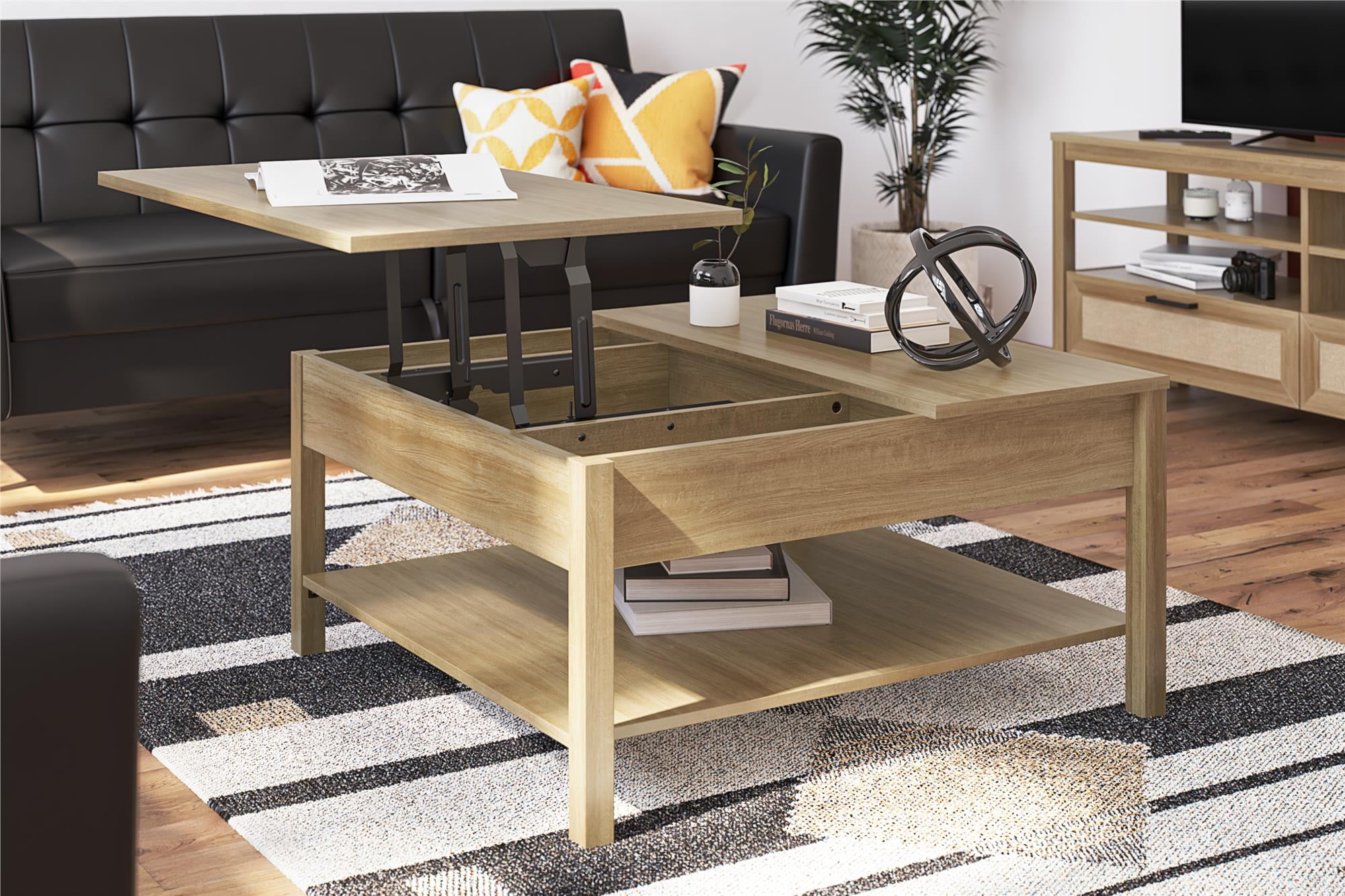 Natural Wood Rectangular Lift-Top Coffee Table with Storage