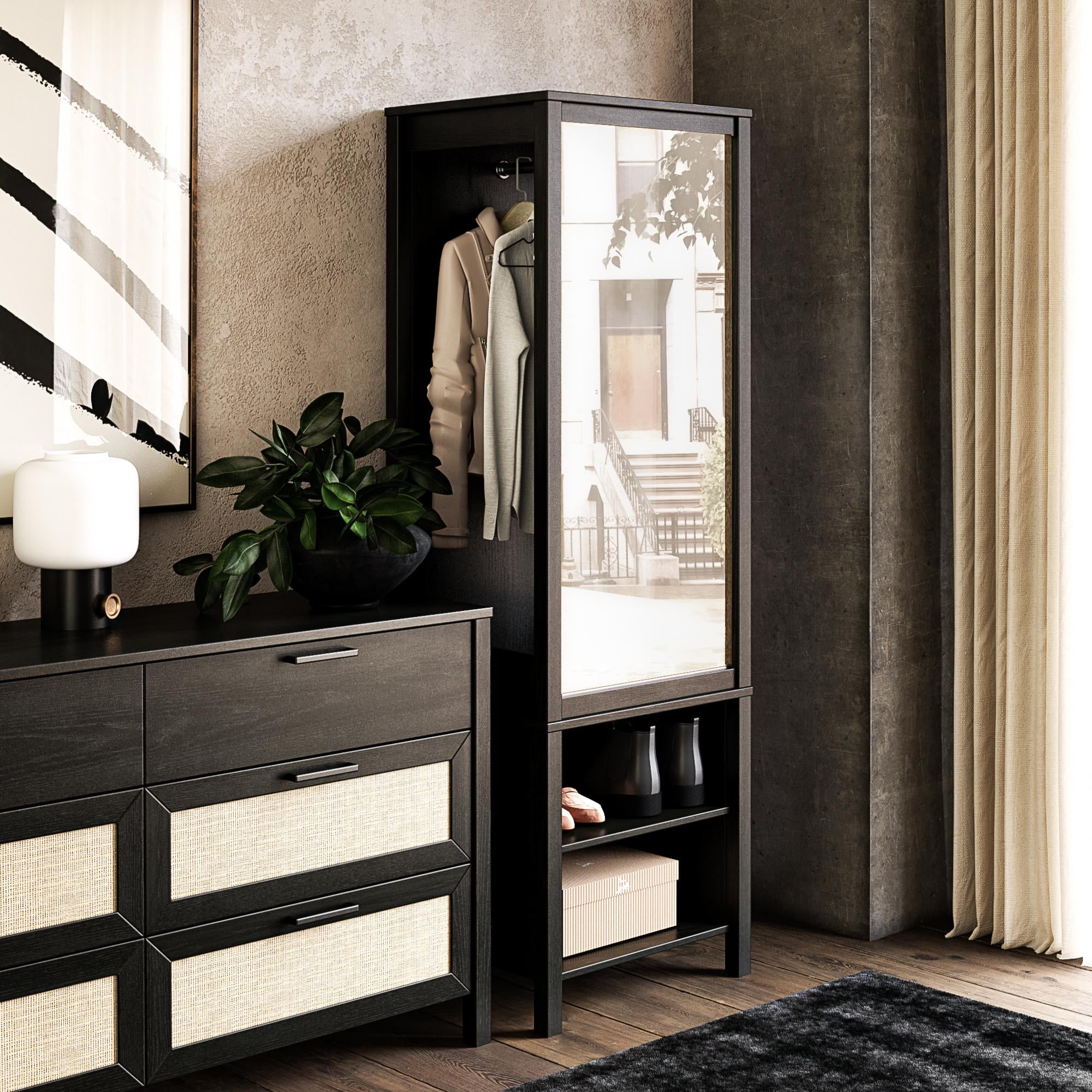 Black Oak Wardrobe with Mirror and Shelves