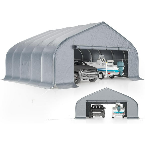 Amerlife 22.5'20' Heavy Duty Double Carport, Galvanized Steel Frame Garage Shelter, Outdoor Storage, Waterproof 3-Layer PE Cover, Silver Gray