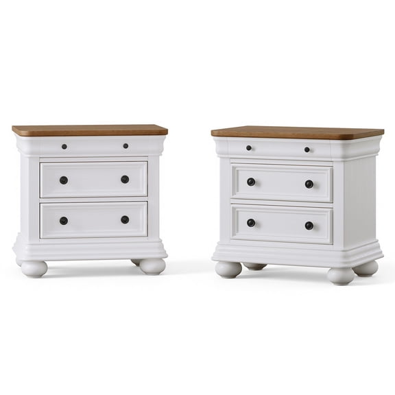 Amerlife 26" Fully Assembled Solid Wood Nightstand Set of 2, Traditional Bedside Table with 3 Drawers, Sofa End Table for Bedroom, Antique White
