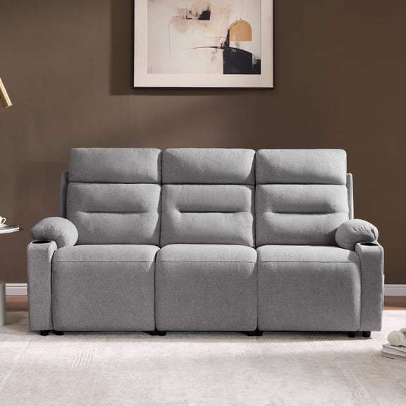 Amerlife 3 Seat Power Reclining Sectional Sofa with Dual Consoles, Light Grey, Cup Holders, USB, Hidden Storage, Linen Upholstery
