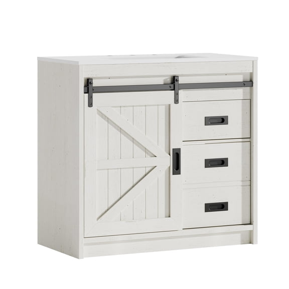 Amerlife 36" Farmhouse Vanity with Sink, Carrara White Marble Top, Storage Cabinet with 2 Drawer, Sliding Barn Door, for Bedroom, Rustic White