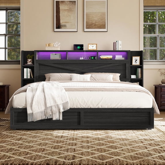 Amerlife 45" Queen Farmhouse Storage Bed Frame with Bookcase Headboard ...