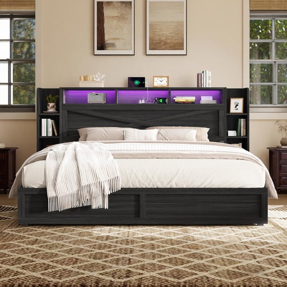 Amerlife 45" Queen Farmhouse Storage Bed Frame with Bookcase Headboard, Side Shelves & Underbed Drawers, LED Light & USB Charging Station, Black