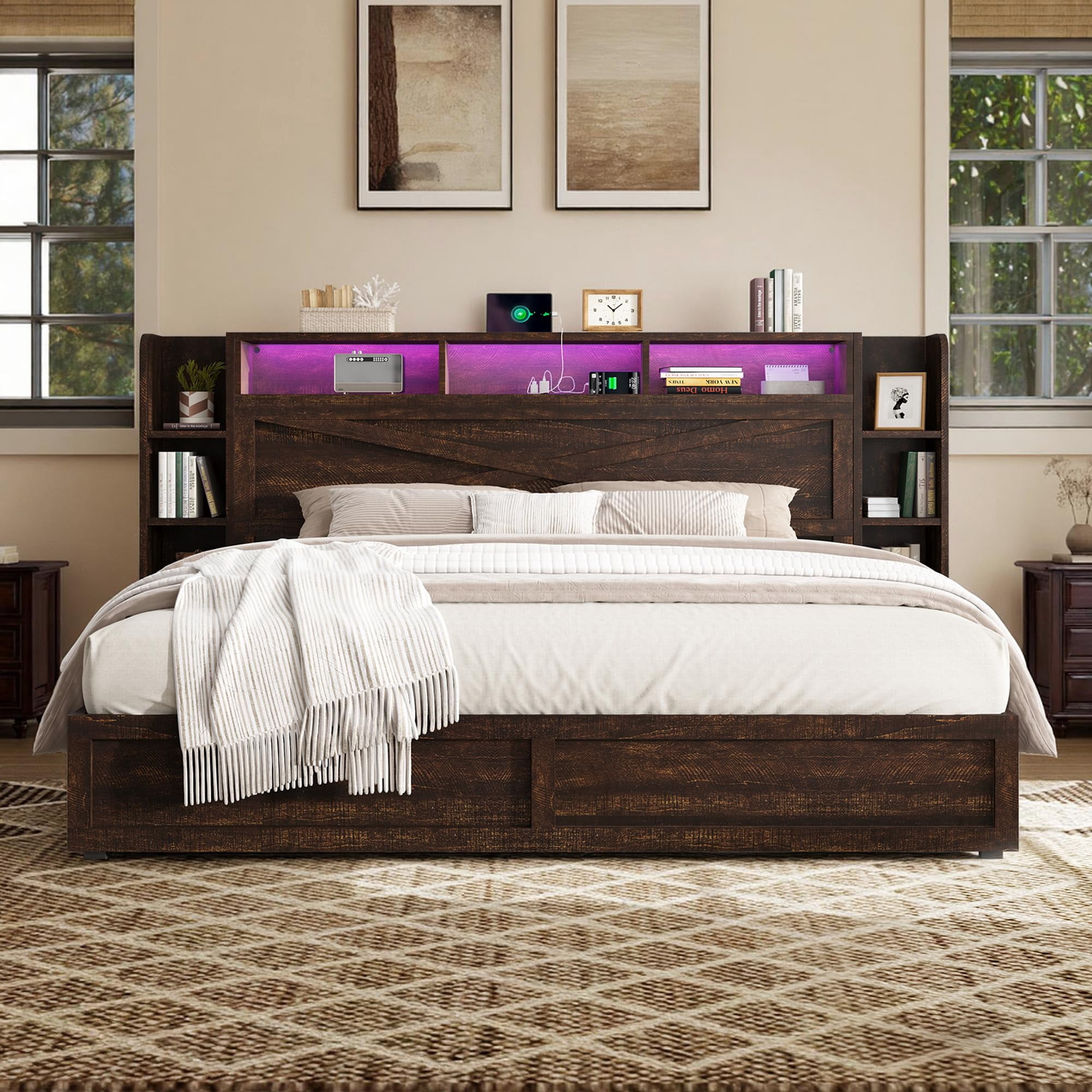 Amerlife 45" Queen Farmhouse Storage Bed Frame with Bookcase Headboard ...