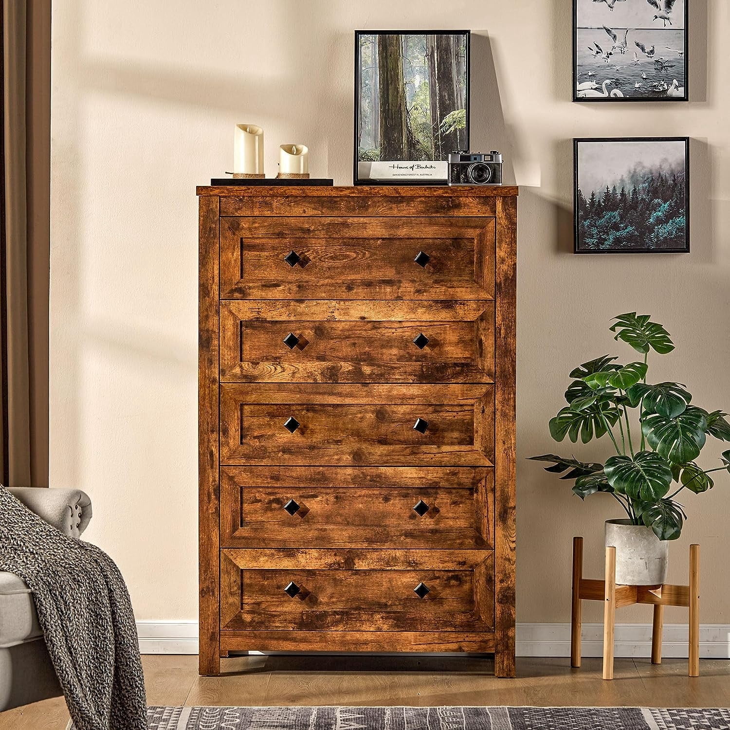 Amerlife Solid Oak Metal Wooden 5 Drawers Dresser, Rustic Brown Tall Chest for Bedroom - Walmart.com
