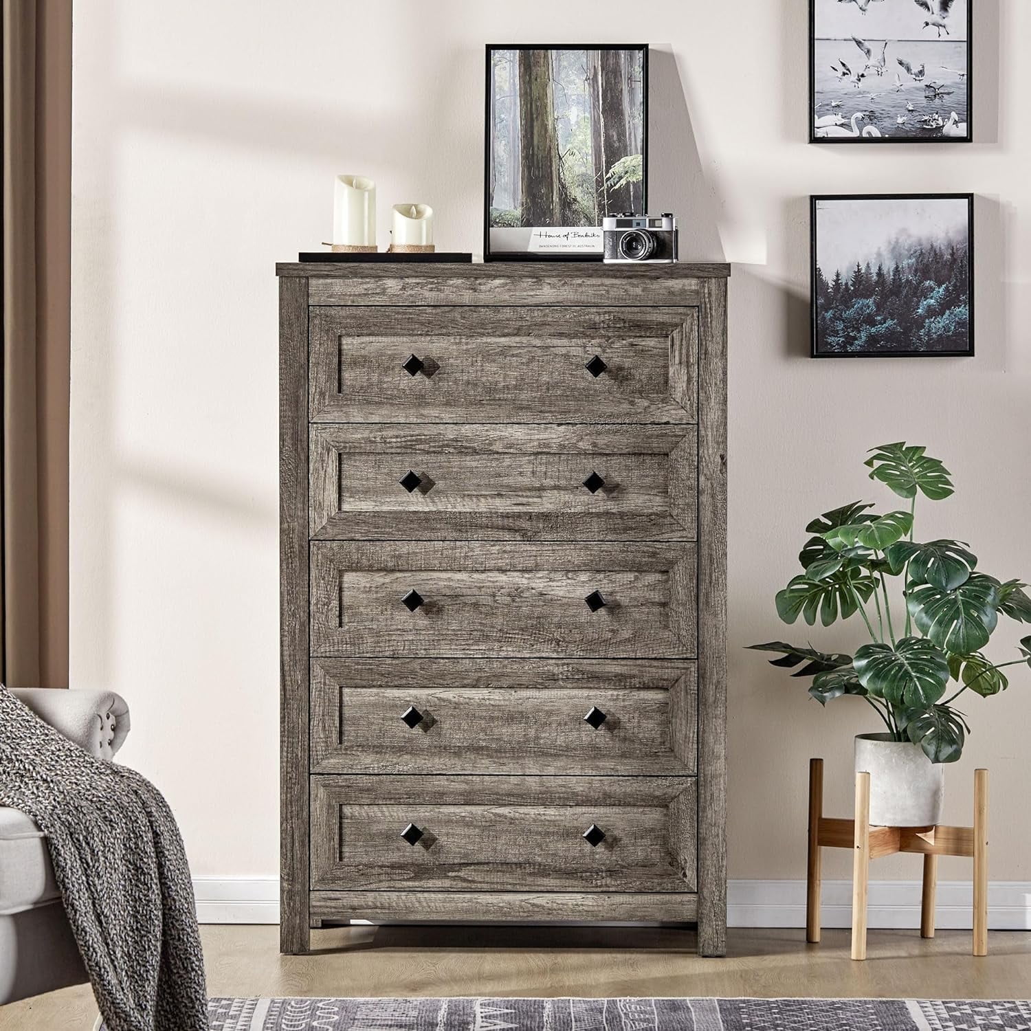 Rustic Gray 5-Drawer Tall Wood Dresser