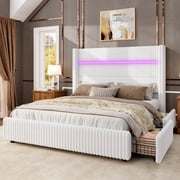 Amerlife 51.2" H Full Size LED Bed Frame, Corduroy Upholstered Platform Bed with 4 Storage Drawers & Charging Station Wingback Headboard, White