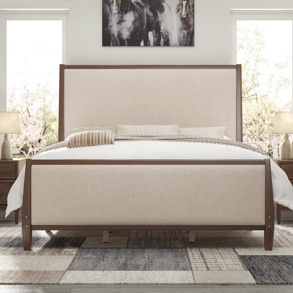 Amerlife 58" Tall Solid Wood Queen Size Bed Frame with Upholstered Headboard & Footboard, No Box Spring Needed, Easy Assembly, Dark Walnut
