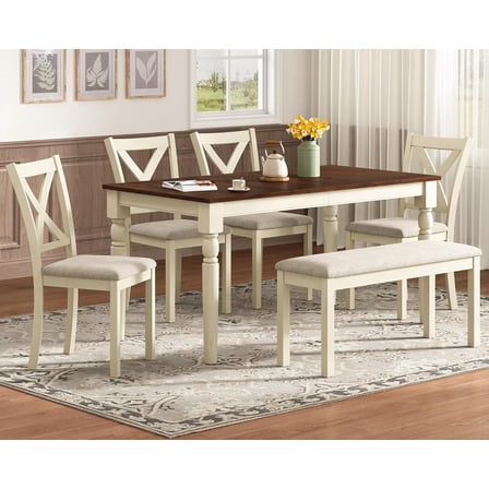Amerlife 6 Piece 60" Solid Wood Dining Table Set for 6, for Kitchen, Dining Room, Brown & Cream