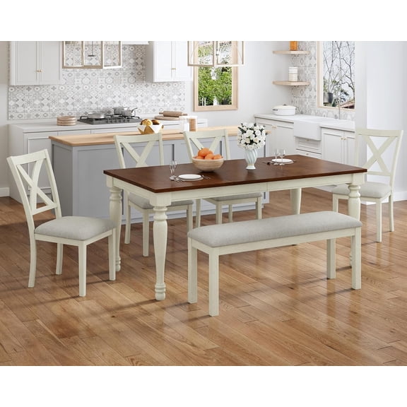Amerlife 6 Piece 71" Solid Wood Dining Table Set for 6, for Kitchen, Dining Room, Brown & Cream