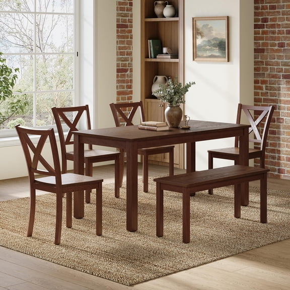 Amerlife 6-Piece Farmhouse Dining Table Set, 59" Wooden Table with 4 Chairs & Bench, Kitchen & Dining Room Set for 6, Space-Saving Rustic, Walnut