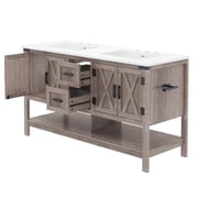 Amerlife 60  Farmhouse Bathroom Vanity with Double Sink, Freestanding Cabinet with 2 Drawers, 4 Barn Doors & Open Shelf, for Master, Light Gray