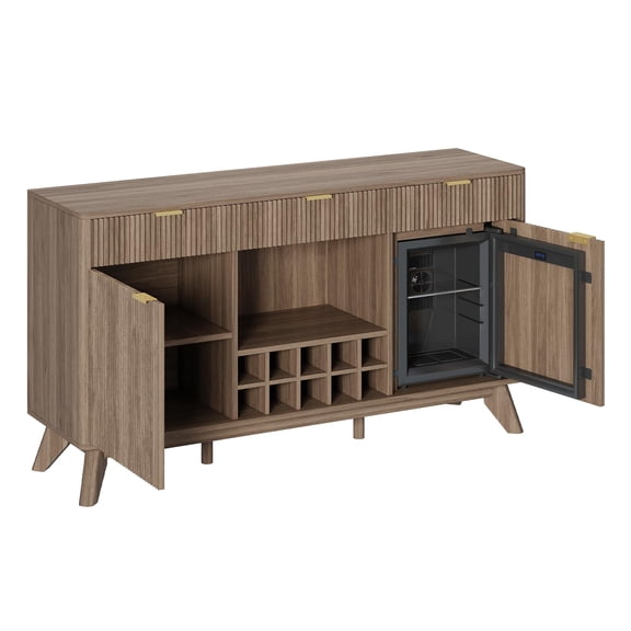 Amerlife 60" Wine Bar Cabinet with Fridge Included, Gray Oak, Waveform Fluted Door, Adjustable Shelves, Buffet Sideboard for Living Room