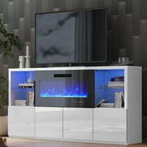 Amerlife 68" Fireplace TV Stand with 40" Electric Fireplace for TVs up to 78", TV Console Cabinet with Glass Shelves, White & Black