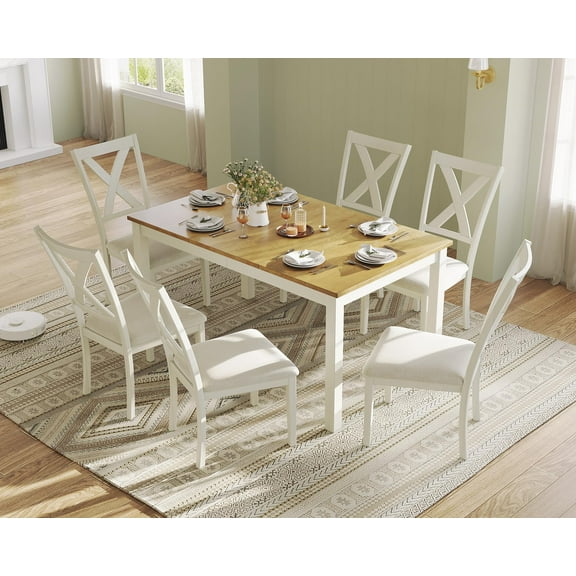 Amerlife 7-Piece Solid Wood Dining Table Set, 60" Farmhouse Dining Table with 6 Chairs, Dining Table Set for 6, Kitchen & Dining Room, White