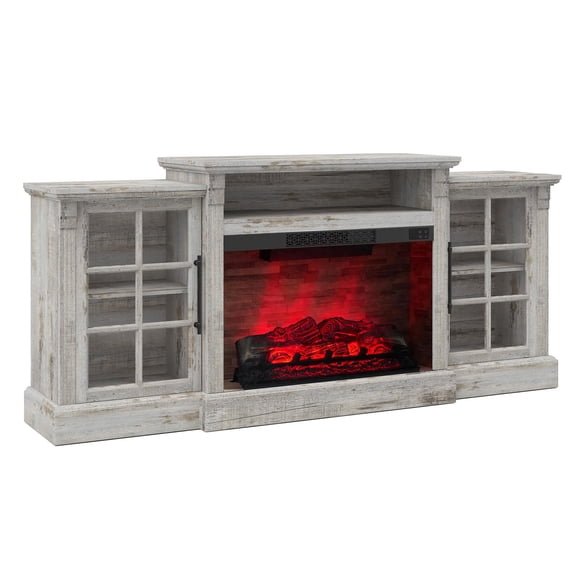 Amerlife 70" Farmhouse Fireplace TV Stand for TVs up to 80", Media Console with Storage Cabinets & Adjustable Shelves, for Living Room, Rustic Grey