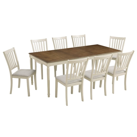 Amerlife 79'' 9-Piece Farmhouse Solid Wood Dining Table Set with 8 Upholstered Chairs, Roman Conical Legs, Seats up to 8, for Kitchen, Rustic Cream