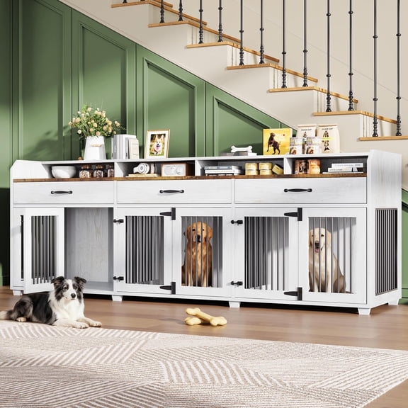 Amerlife 95" Large Dog Crate Furniture, Multi-Functional TV Stand with Storage Drawers & Removable Divider for Medium/Large Dogs, White Barnwood