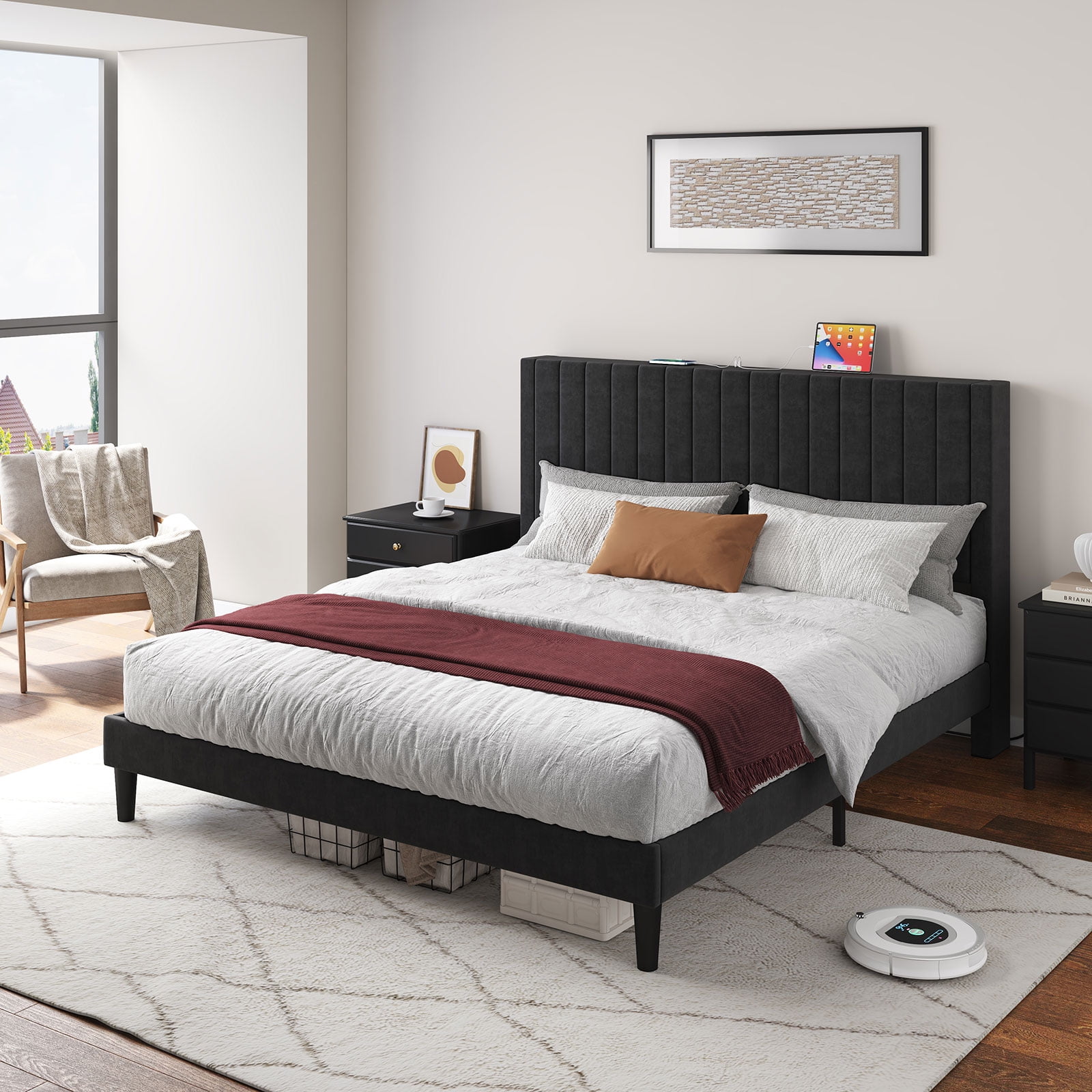 Amerlife King Size Velvet Bed Frame with Headboard, Charging Station