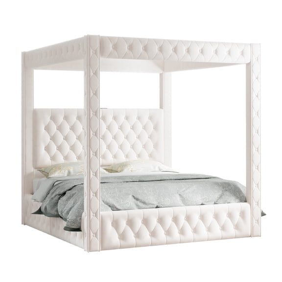 Amerlife Canopy Bed Frame King Size with 74.8" Tall Four-Post Design, Modern Deep-Tufted Velvet Upholstered Headboard with Charging Station, Cream