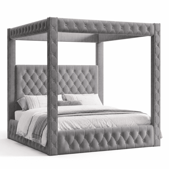 Amerlife Canopy Bed Frame King Size with 74.8" Tall Four-Post Design, Modern Deep-Tufted Velvet Upholstered Headboard with Charging Station, Grey