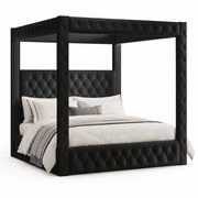 Amerlife Canopy Bed Frame Queen Size with 74.8" Tall Four-Post Design, Modern Deep-Tufted Velvet Upholstered Headboard with Charging Station, Black