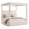 thumbnail image 1 of Amerlife Canopy Bed Frame Queen Size with 74.8" Tall Four-Post Design, Modern Deep-Tufted Velvet Upholstered Headboard with Charging Station, Cream, 1 of 10