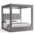 thumbnail image 1 of Amerlife Canopy Bed Frame Queen Size with 74.8" Tall Four-Post Design, Modern Deep-Tufted Velvet Upholstered Headboard with Charging Station, Grey, 1 of 10