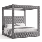 Amerlife Canopy Bed Frame Queen Size with 74.8" Tall Four-Post Design, Modern Deep-Tufted Velvet Upholstered Headboard with Charging Station, Grey