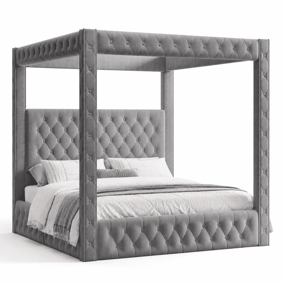Amerlife Canopy Bed Frame Queen Size with 74.8" Tall Four-Post Design, Modern Deep-Tufted Velvet Upholstered Headboard with Charging Station, Grey
