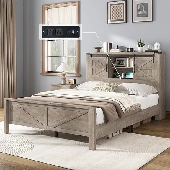 Amerlife 44" H Farmhouse Full Bed Frame with Barn Door Storage Headboard & Charging Station, Grey
