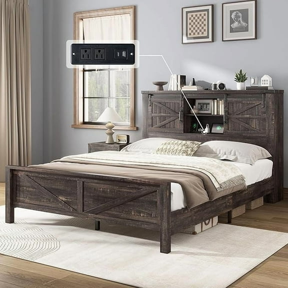 Amerlife Farmhouse Queen Bed Frame with Barn Door Storage Headboard & Charging Station, Black