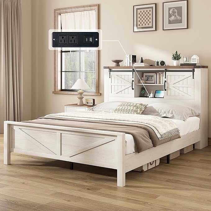 Amerlife Farmhouse Queen Bed Frame with Barn Door Storage Headboard ...