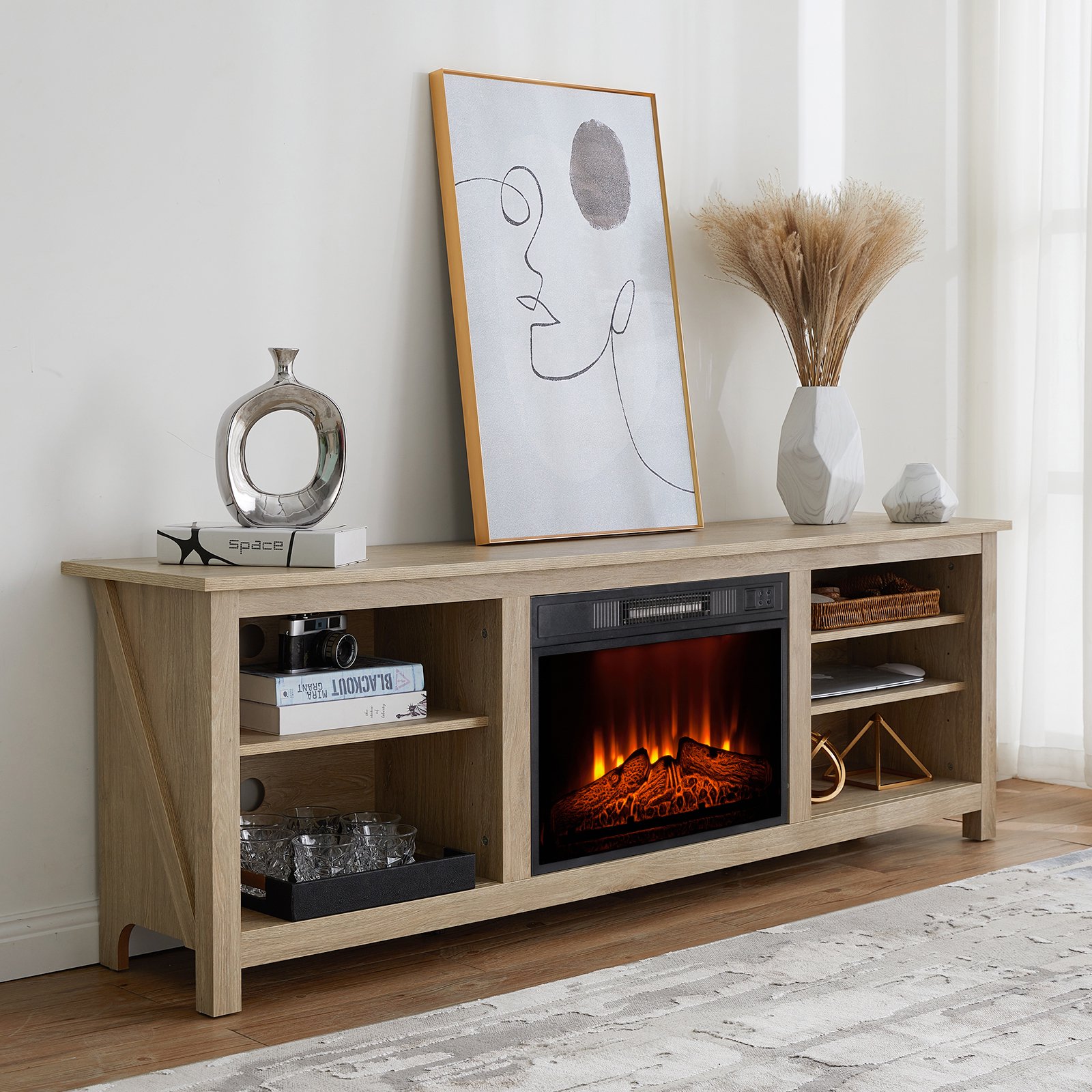 Amerlife Fireplace TV Stand, Wood Texture Entertainment Center with 23 Electric  Fireplace, Farmhouse Entertainment Stand Media TV Console for TVs Up to  80, 70 inches, Natural Oak - Walmart.com