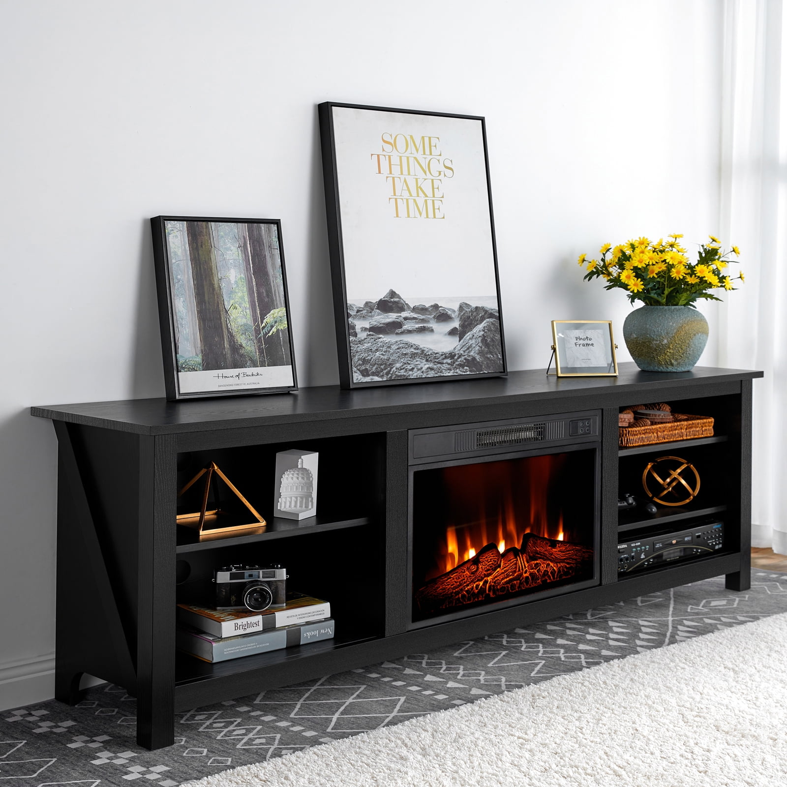 Amerlife Electric Fireplace TV Stand, Wood Texture Media Center, Black