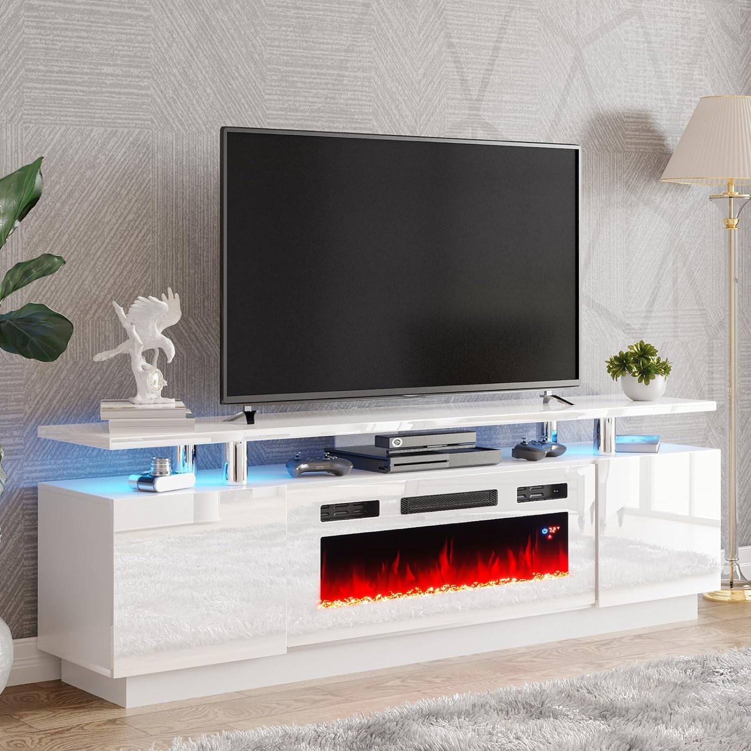 Amerlife 70 Entertainment Center with 36 Electric Fireplace for 80 TV Ivory White Walmart
