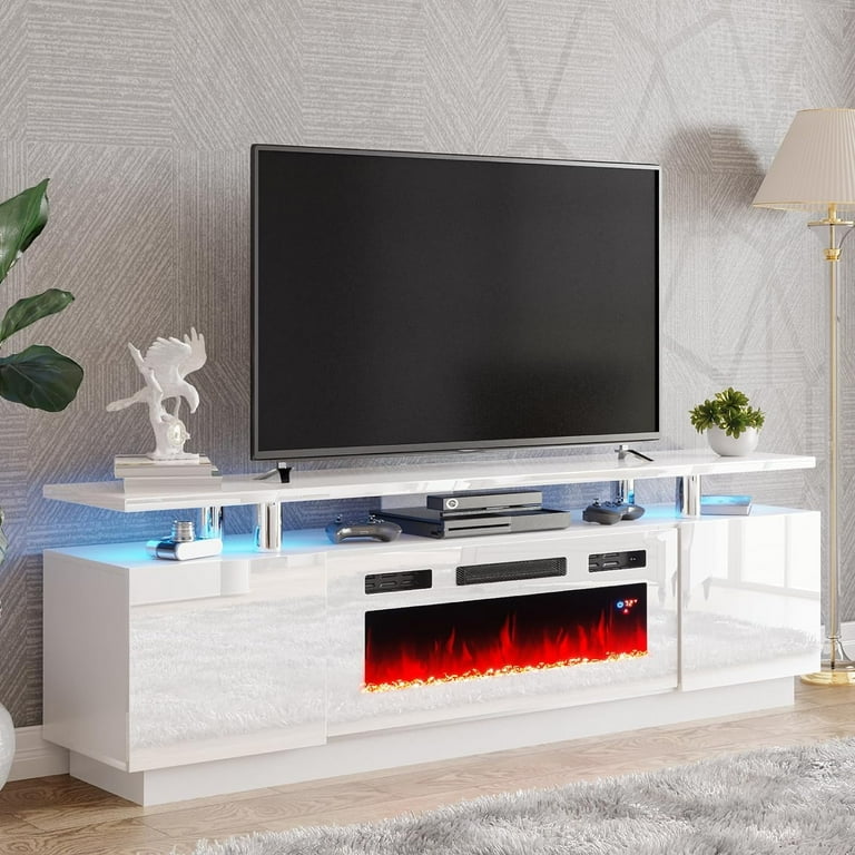 High gloss white tv stand with fireplace discount